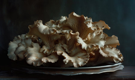 Oyster mushrooms on a dark background. Close-up.の素材