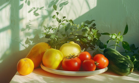 vegetables on a table in the light of the window.の素材