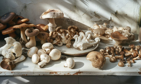 Mushrooms in the kitchen on the table. The concept of a healthy lifestyle.の素材