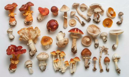 Variety of edible mushrooms on white background. Top view, flat lay.の素材
