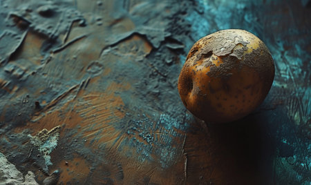 Potato on a dark textured background. Copy space.の素材