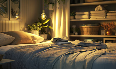 Pile of clean clothes on bed in bedroom at night, soft focusの素材