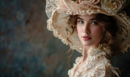 Portrait of a beautiful young woman in white lace dress and hatの素材