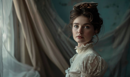 Portrait of a beautiful young girl in a white dress and a hat.の素材