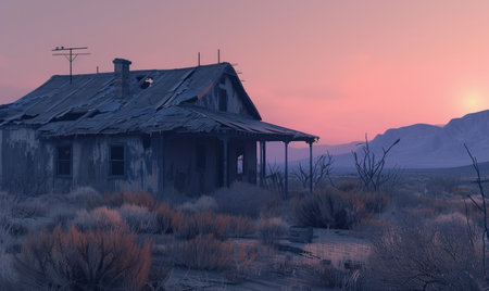 Abandoned house in the desert at sunset.の素材