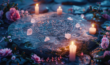 Mystical symbol on stone with burning candles and flowers in the backgroundの素材
