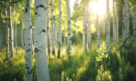 Birch forest in sunlight in the morning, soft focus backgroundの素材
