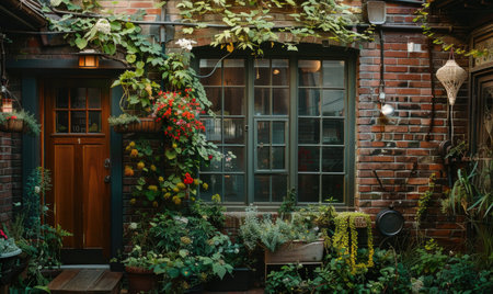 Window and brick wall covered with flowersの素材