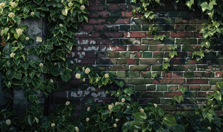 Old brick wall covered with green ivy. Vintage style photo.の素材