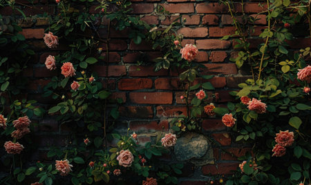 Beautiful roses on the old brick wall background. Vintage style.の素材