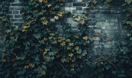 Old brick wall with green ivy leaves. Natural vintage background.の素材