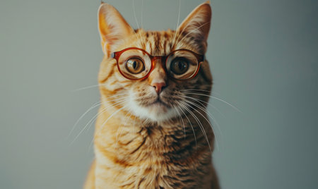 Cute ginger cat wearing eyeglasses and looking at camera.の素材