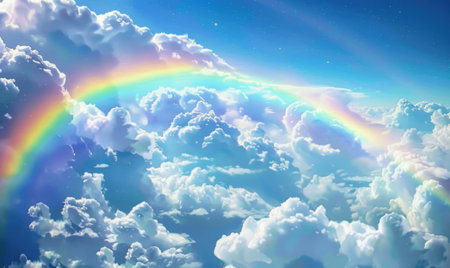 Rainbow in blue sky with white clouds and rainbow.の素材