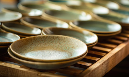 Ceramic tableware in a row. Selective focus.の素材
