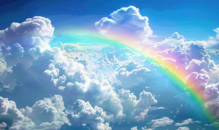 Rainbow in the blue sky with clouds and rainbow.の素材