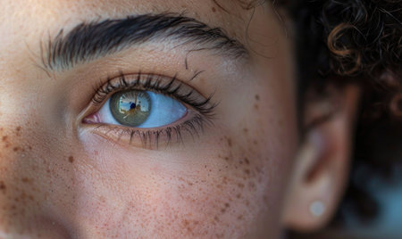 Close up of a female eye with freckles and brown hairの素材