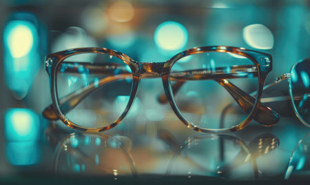 eyeglasses on the glass table with bokeh background.の素材