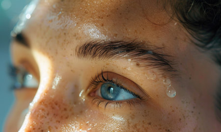 Close-up of a young woman's face in the shower. Skin careの素材
