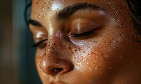 Close-up portrait of a beautiful young woman with wet face.の素材