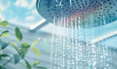 Shower head with water drops and green plants in the bathroom.の素材