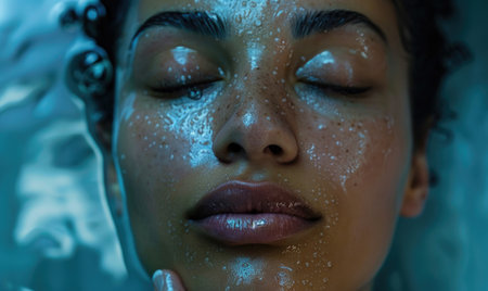 Close-up portrait of a beautiful African American woman taking a showerの素材