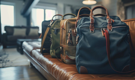 Group of travel bags on sofa in luxury hotel room. Vintage toneの素材
