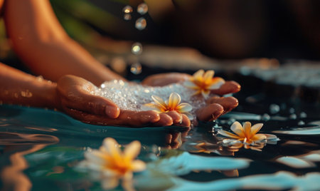 Closeup of female hands with spa salt and flowers in swimming poolの素材
