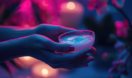 Close up of female hands holding candle in glass bowl with water.の素材