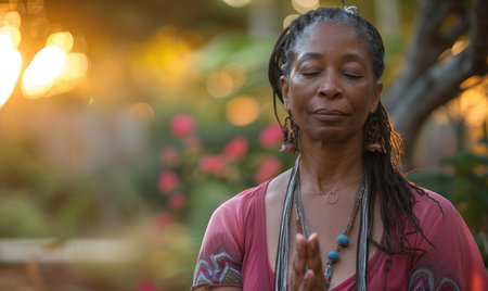 afro american woman meditating in the garden at sunset.の素材