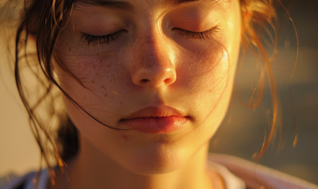 Closeup portrait of a girl with freckles on her faceの素材