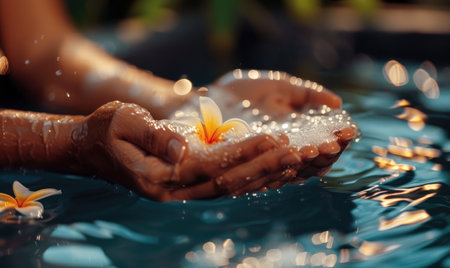 Close-up of female hands holding water with frangipani flowersの素材