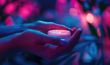 Female hands with manicure holding a burning candle in a dark roomの素材