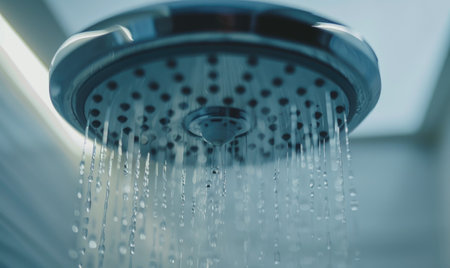 Shower head with running water. Shower head close up.の素材