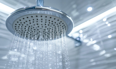 Shower head with running water, blurred background, bokehの素材