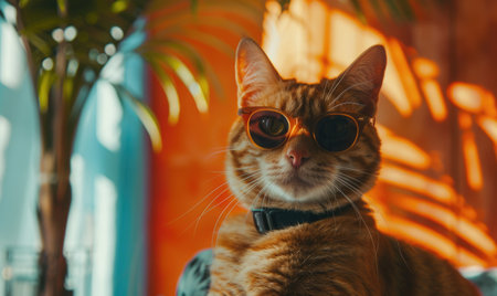 Portrait of a red cat wearing sunglasses and a bow tie.の素材