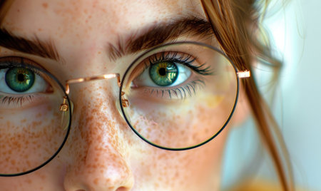 Close-up portrait of a girl with freckles and glassesの素材