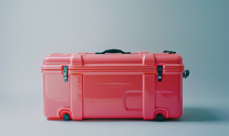 Red plastic travel suitcase isolated on white background. Retro style tonedの素材