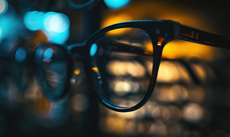 Glasses on a shelf in an optics store, close-upの素材