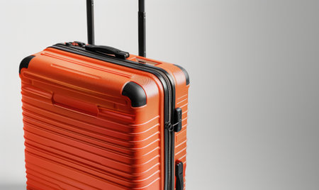 Orange suitcase on a gray background.の素材