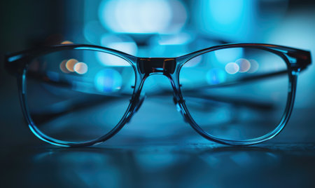 Eyeglasses on a wooden table with bokeh background.の素材