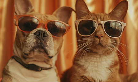 Cute cat and dog with sunglasses on the background of orange curtainsの素材