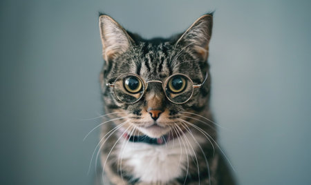 Portrait of a tabby cat with glasses on a gray backgroundの素材