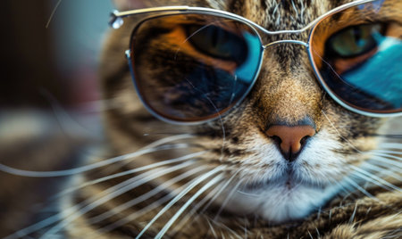 Close-up portrait of a cat wearing sunglasses, shallow depth of fieldの素材