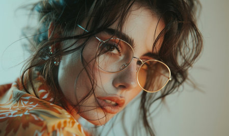Close up portrait of beautiful young woman with long hair and glasses.の素材