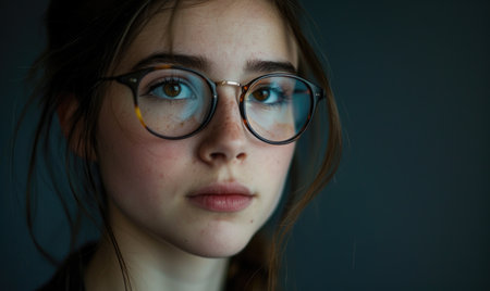 portrait of a girl with glasses on a dark background close-upの素材