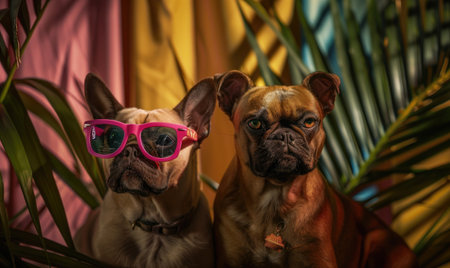 French bulldog and French bulldog in pink sunglasses on tropical backgroundの素材
