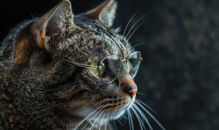 Portrait of a tabby cat wearing glasses on a dark backgroundの素材