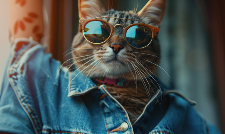 Portrait of a cat in sunglasses on the background of the windowの素材