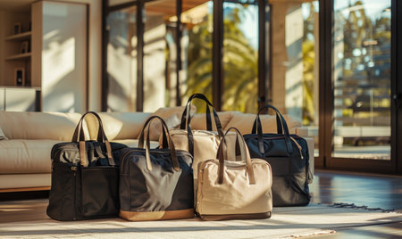 Group of black and brown leather handbags in a hotel lobby.の素材