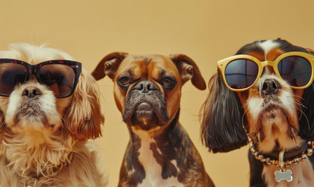 Group of dogs with sunglasses on a beige background. Close-up.の素材